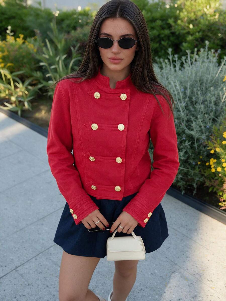 Women's Short Jacket With Metal Buttons, Vintage Red Fitted Outerwear - Red - View 1