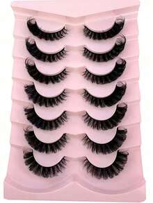 7 Pairs/Pack DD Curl Russian Volume False Eyelashes, Thick & Curly & Fluffy, Create Cat Eye Makeup Effect, 8D Fine Dense False Eyelashes, Define Eye Contour, Extend & Thicken Eye Tail, Create Exquisite Makeup Look - Black - View 3
