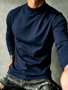 Men's Spring/Autumn Fashion Casual Minimalist Solid Color Mock Neck T-Shirt - Navy Blue - View 1