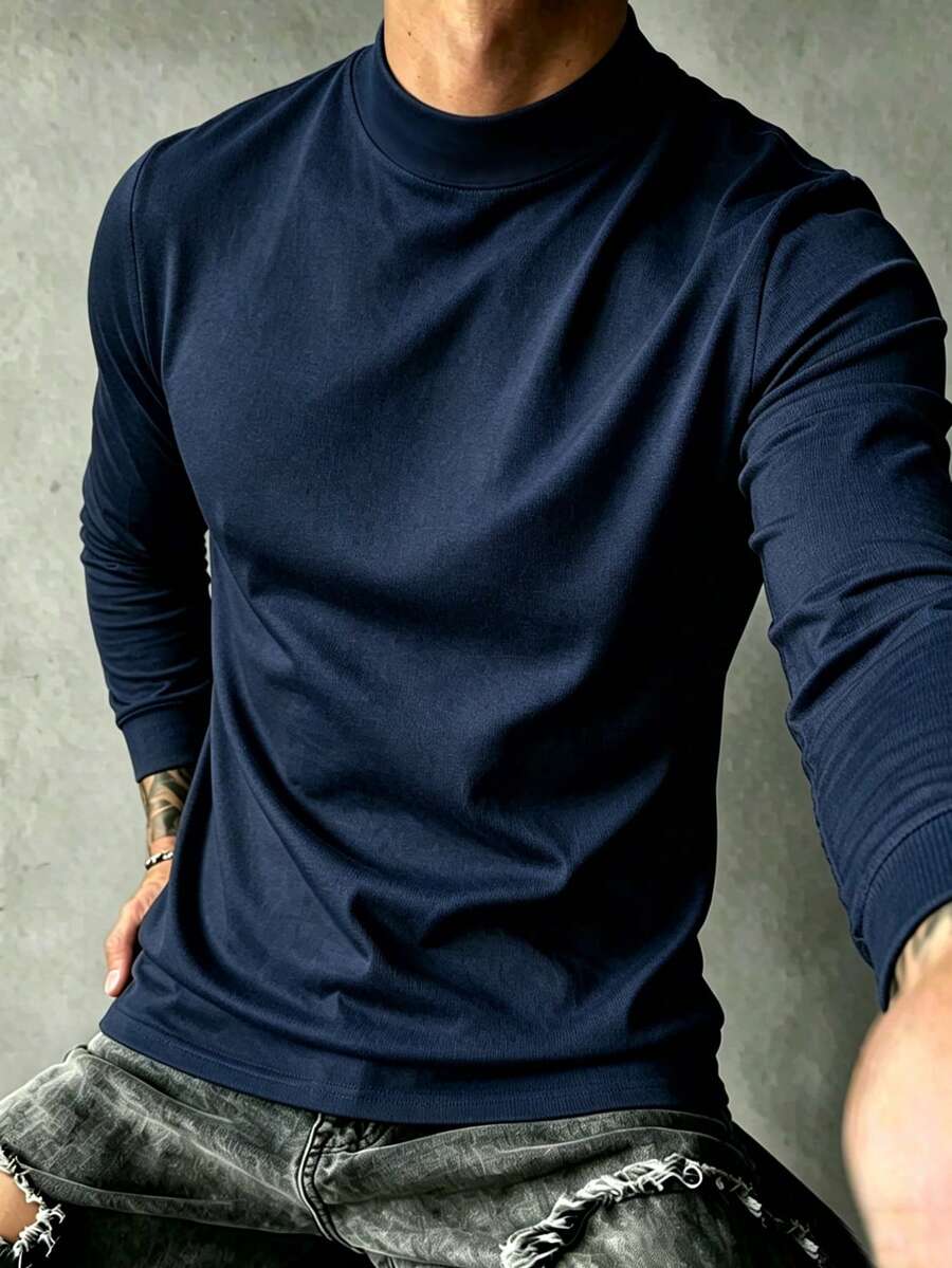 Men's Spring/Autumn Fashion Casual Minimalist Solid Color Mock Neck T-Shirt - Navy Blue - View 1