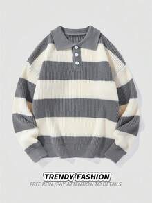 Men's Striped Polo Neck Knit Sweater Fashion Color Block Semi-Open Casual Pullover - Grey - View 1