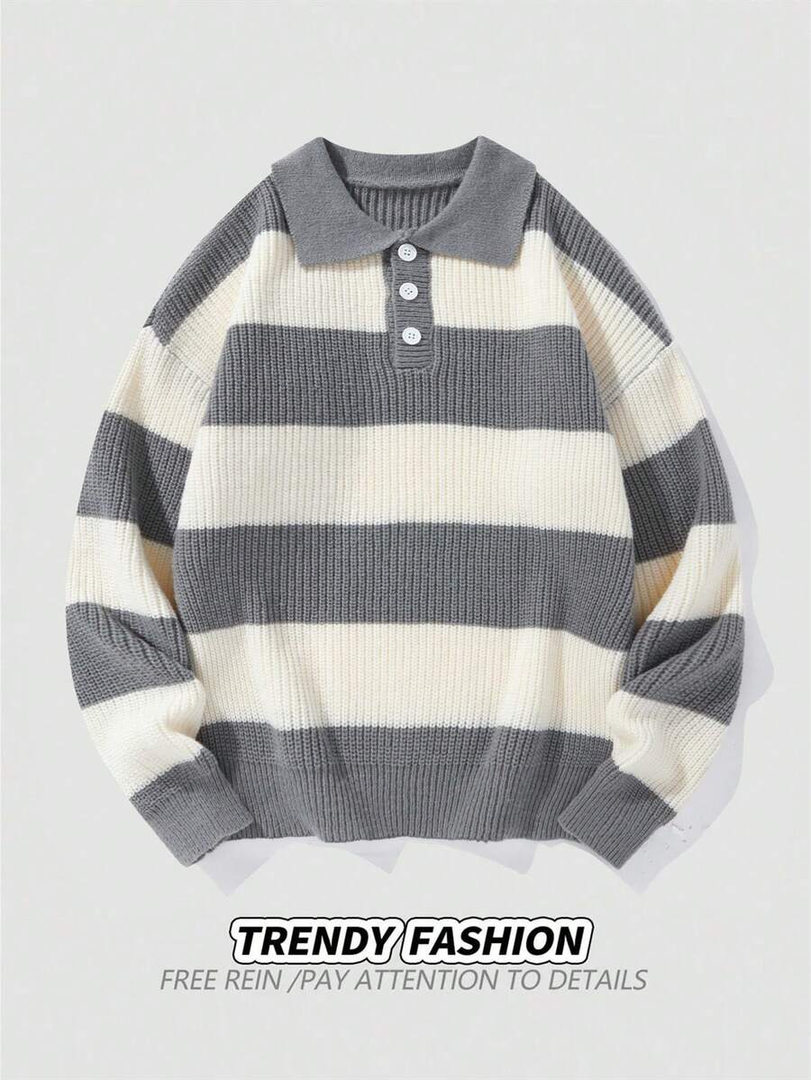 Men's Striped Polo Neck Knit Sweater Fashion Color Block Semi-Open Casual Pullover - Grey - View 1