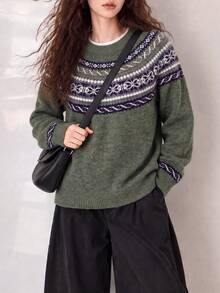 Women's New Autumn/Winter Vintage Pattern Crew Neck Pullover Sweater - Green - View 4