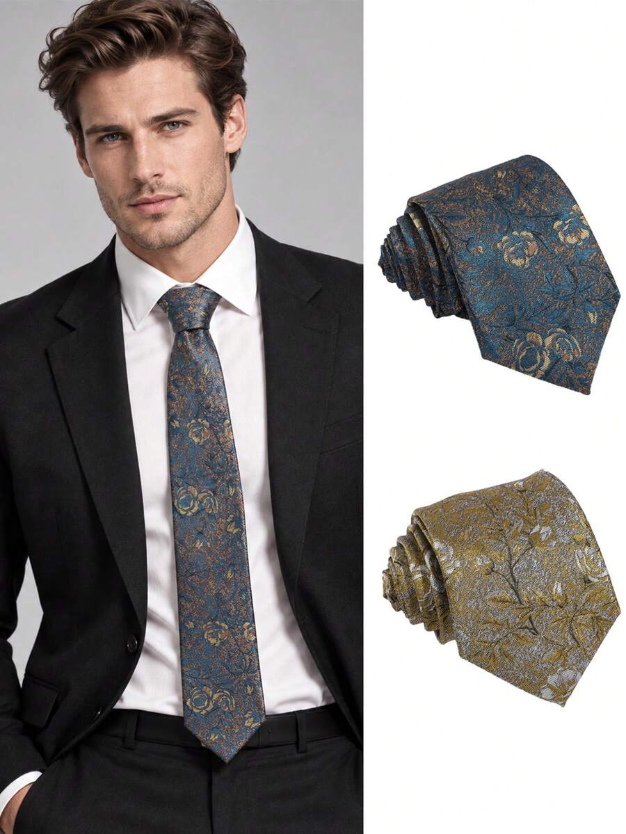 1pc Distressed Texture Full-Print Rose Floral Jacquard Men's Vintage Commuter Suit Decorative Tie - Multicolor - View 1