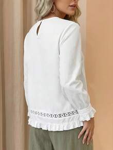 Plus Size Women's Solid Color Round Neck Lace Patchwork Hollow Design Long Sleeve Elegant Blouse Casual Top - White - View 2