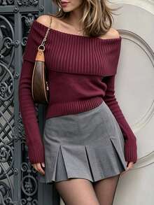 DONICY Women's Elegant Asymmetric Shoulder Ribbed Print Long Sleeve Pullover Sweater, Warm And Comfortable, Fashionable Retro Minimalist Versatile Outing Top - Burgundy - View 7