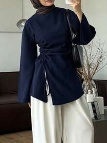 Women's Fashion Casual Round Neck Bell Sleeve Hem Split Tie Drawstring Design Waist Cinched Top Solid Color Tie Split Drawstring Zipper Pullover Top Daily Date Autumn Winter - Royal Blue - View 7