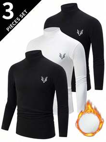 3pcs/Pack Assorted Men's Thermal Underwear Tops, High Neck Long Sleeve T-Shirts, Warm Casual Base Layer Pullover Sweatshirts For Autumn/Winter - Black and White - View 1