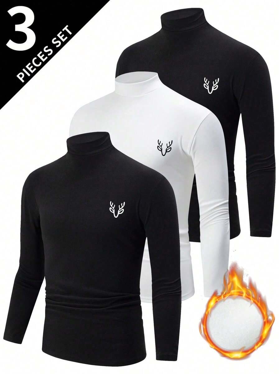 3pcs/Pack Assorted Men's Thermal Underwear Tops, High Neck Long Sleeve T-Shirts, Warm Casual Base Layer Pullover Sweatshirts For Autumn/Winter - Black and White - View 1