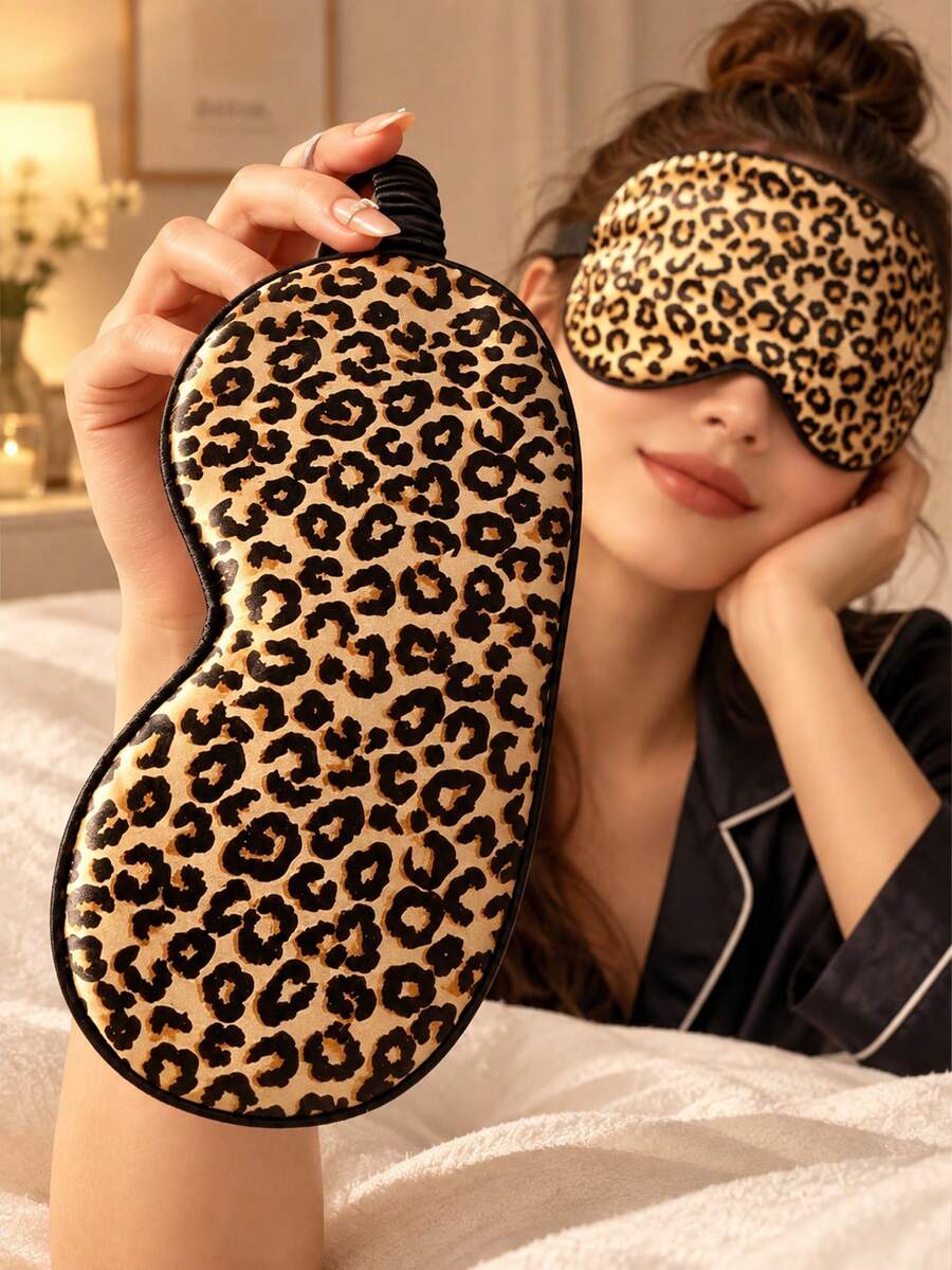 Leopard Print Faux Silk Sleep Mask With Elastic Band, Full Blackout Design, Soft Breathable Adjustable, Suitable For Home Napping, Travel And Office Rest, Unisex - Multicolor - View 1