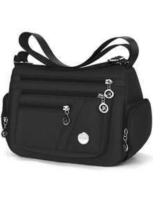 Black Nylon Multi Pocket Crossbody Bag X Charm Zipper Pull Silver Plate Side Pockets Adjustable Strap Large Capacity Casual Shoulder Purse For Women - Black - View 4