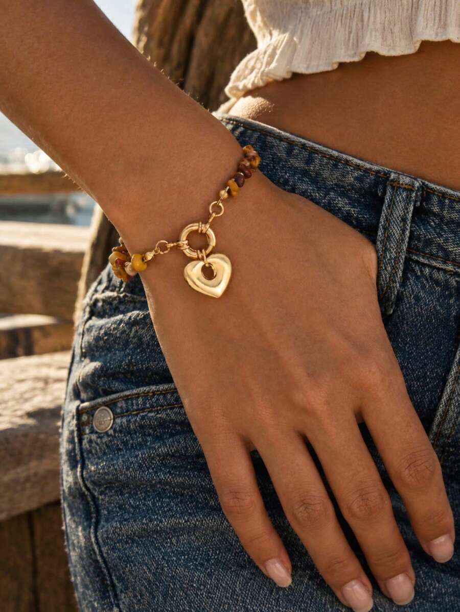 1 pieza Collar de cuentas de piedra triturada con paleta de colores Maillard y colgante de corazón de metal hueco, joyería vintage para mujer, adecuado para uso casual y fiestas de vacaciones, la forma de la piedra, el tamaño, la cantidad y la disposición de los colores son aleatorios - Multicolor - Ver 1