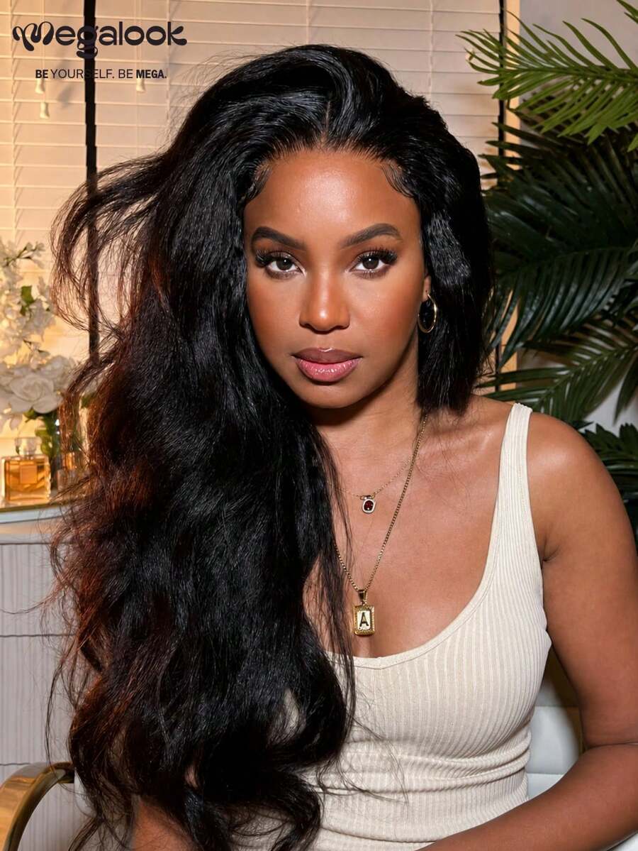 MEGALOOK 13x6 Lace Front Wig, Curly Wavy, Glueless Lace, Natural Black, 100% Human Hair, 200% Density, Pre-Plucked Hairline, Drawstring Design, Beginner Friendly
