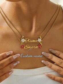 Customized Enamel Flower Name Necklace, Personalized Stainless Steel Women's Fashion Necklace, Suitable As Birthday And Christmas Gift For Friends - Gold - Double Melon 3NK Chain - View 4