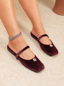 Women's Velvet Mary Jane Flat Shoes, Square Toe Buckle Strap, Comfortable Plus Size Elegant Shoes For Spring And Autumn - Burgundy - View 2