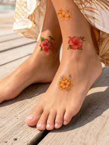 72pcs Flower Temporary Tattoo Stickers For Women, Hibiscus, Floral, Leaf And Coconut Pattern Tattoo Stickers For Hand, Face, Neck, Holiday Body Decoration, Fake Tattoo For Women Party Gifts - Multicolor - View 3