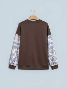 Acelitt Autumn/Winter Casual Crew Neck Loose Camouflage Patchwork Sweatshirt, Soft Fleece Fabric, Suitable For Daily Streetwear - Coffee Brown - View 4