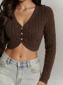 SEREN Women's Fashion Long Sleeve V-Neck Cable Knit Cropped Cardigan, Autumn Essential, Front Button Design, Y2K Top, Casual Streetwear Versatile - Coffee Brown - View 2