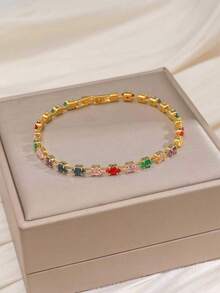1件精緻馬眼鋯石網球手鍊，金色亮晶晶水晶鏈條，女士腕部飾品 - 彩色 - 查看 4