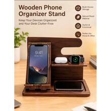 1pc Rustic Wooden Desktop Organizer With Phone Holder, Watch And Glasses Storage, Easy Assembly, Multi-Functional Home Office Accessory Organizer, Modern Farmhouse Workspace Organizer, Elegant Country Design - Wood Color - View 9