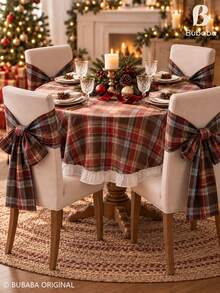 5-Piece Set (1pc 150cm Diameter Round Tablecloth + 4pcs Bow Ties) Christmas Plaid Round Tablecloth With Ruffle Edge, Vintage Scottish Tartan Dining Tablecloth, Suitable For Holiday Dining Table, Farmhouse Christmas Kitchen And Home Decor - coffee color - View 3