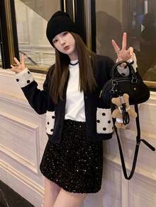 Women's Black & White Polka Dot Patchwork Knit Cardigan Sweater, Thick Autumn/Winter New Style, Round Neck, Single-Breasted, Contrast Color Pockets, Long Sleeve, Small Jacket - Black - View 5