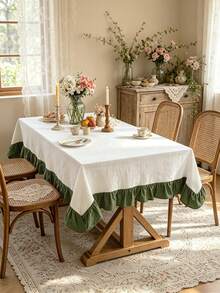 1PC Mori Style Moss Green Ruffle Edge Tablecloth, Rustic Vintage Decorative Dust Cover, Suitable For Dining Room, Patio, Afternoon Tea, Dining Table, Mori Style Wedding, Birthday Party, Photography Backdrop Decoration - Green - View 5