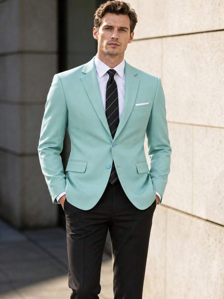 Men's Slim Fit Business Casual 2-Button Travel Suit Jacket, Solid Color Party & Ball Suit - Mint Blue - View 1