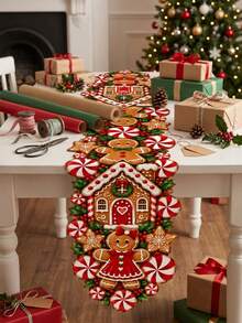 Gingerbread House Candy Theme Asymmetrical Christmas Table Runner, Gingerbread Man, Peppermint Candy, Star Cookie And Holly Element 3D Print Long Table Decor, Sweet Baking Holiday Style, Suitable For Christmas Table Setting, Cookie Exchange, Festive Baking Corner And Winter Family Gathering Display - Multicolor - View 7