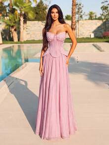Pink Organza Sleeveless Formal Evening Gown, Elegant Strapless Long Dress With Lace-Up Back, Suitable For Balls And Romantic Occasions - Dusty Pink - View 5
