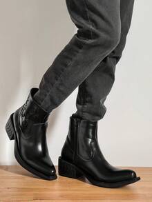 ZCZ Men's Embroidered Western-Style Ankle Boots, Pointed-Toe With Side Zipper And Chunky Square Heel - Black - View 5