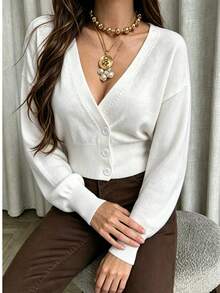 Just Masa Women's Fall Casual Button Up V Neck Sweater Pullover,Solid Color Bishop Sleeve Sexy Tight Hem Rib-Knit Top,For Date,Daily Wear,Going Out - White - View 8