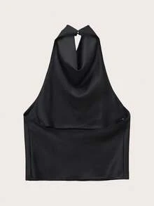 Spring/Summer Solid Color Satin Halter Neck Backless Top Black - Black - View 3