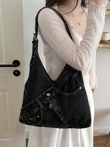 Minimalist Shoulder Underarm Crescent Bag, Korean Style Fashion Textured Large Capacity Solid Color Casual New Hobo Bag For Women - Black - View 2