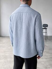 GloMan Old Money Style Men's Grey Striped Textured Button Long Sleeve Shirt, Suitable For Autumn Office Commute, Family Gathering, Business, Street, Gift For Husband/Father - Grey - View 2