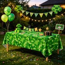 1/3pcs Green Pixel Plastic Tablecloth, Disposable Birthday Party Decoration, Size 53.94X107.87 Inches, Suitable For Pixel Mining Game Theme Birthday Party Supplies - Multicolor - View 7