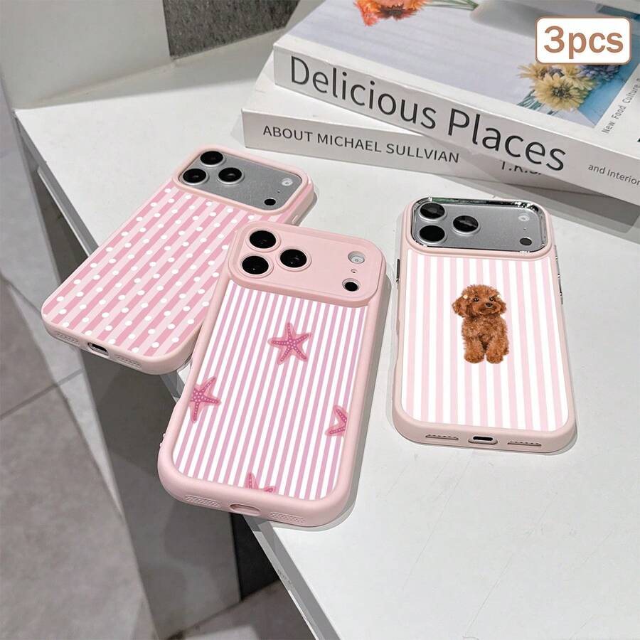 3pcs Polka Dot & Stripe Print TPU Shockproof Full Coverage Precise Protective Case Compatible With Apple 11/12/13/14/15/16/16Pro/16ProMax/17/17pro/17ProMax/18pro 18ProMax - Multicolor - View 1