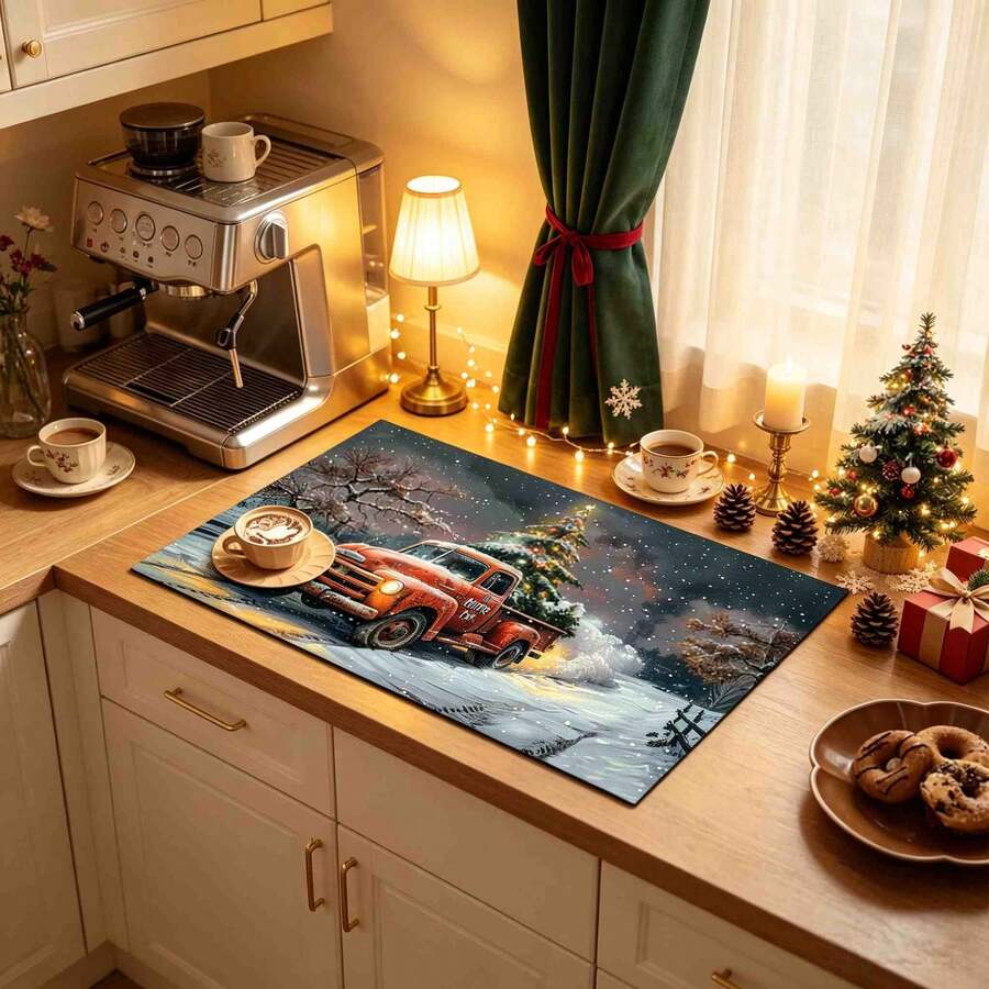 1pc Christmas Series Snow Scene Red Truck Homecoming Pattern Coffee Bar Mat, Diatom Mud Soft Bottom Drainage Mat, Soft Rubber Drainage Mat, Super Absorbent Wear-Resistant Dish Drying Mat, For Countertop Restaurant Kitchen Table Mat, Patio Dining Table Decor, Home Kitchen Supplies, Countertop Decorative Mat