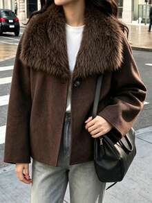 Brown Double-Sided Wool Oversized Drop Shoulder Short Jacket With Large Collar, European Vintage Street Urban Date Wear, Autumn/Winter - Coffee Brown - View 5