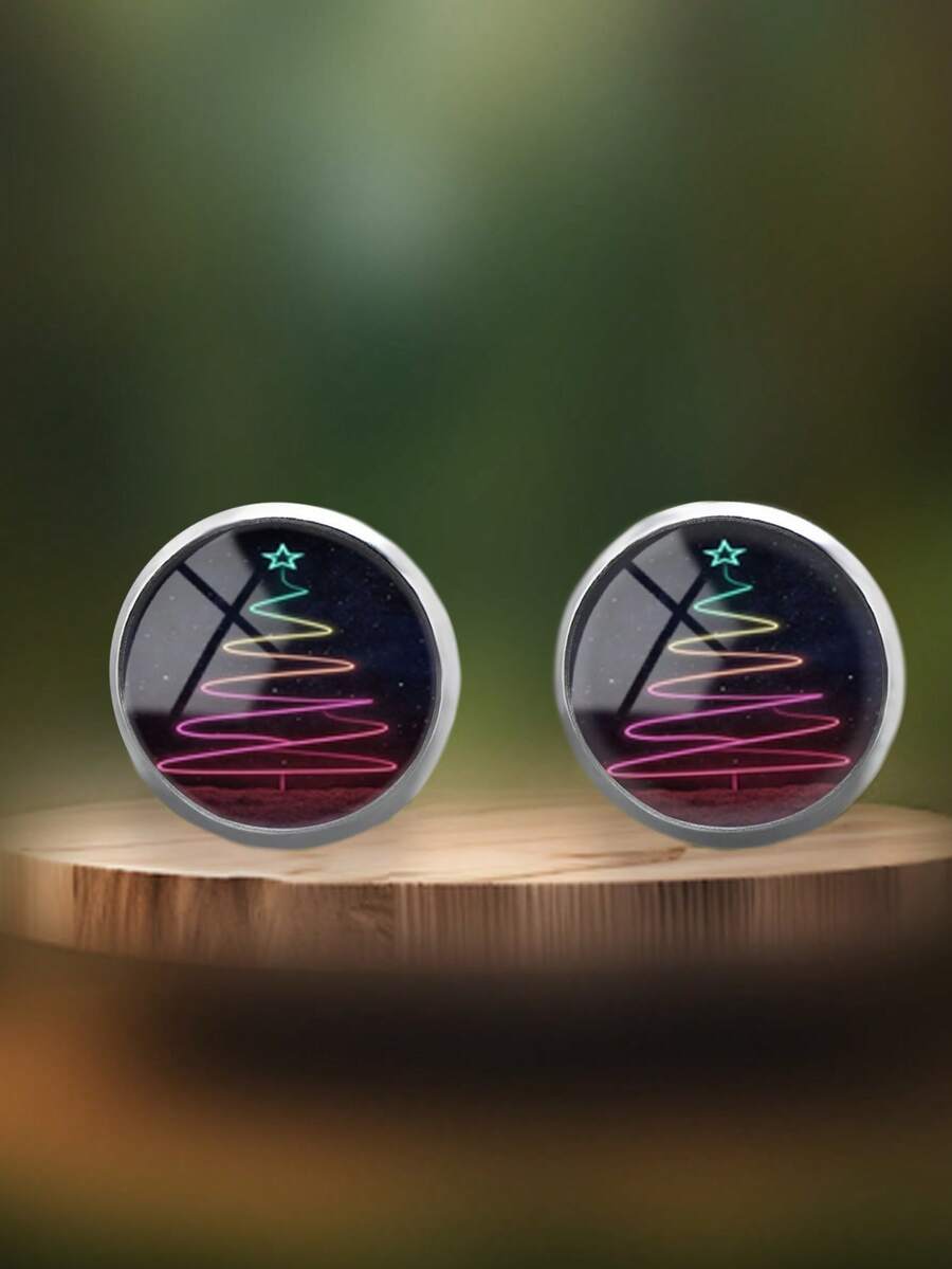YUJUGLOW 1 Pair Christmas Cartoon Red & Blue Christmas Tree Pattern 316 Stainless Steel Round Stud Earrings, Suitable For Women's Daily Wear - Red Violet - View 1