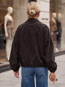 Women's Corduroy Jacket Cropped Oversized Zip-Up With Classic Collar And Elastic Hem - Chocolate Brown - View 4
