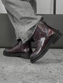 ZCZ Men's Textured Surface Lace‑Up Ankle Boots, Side Zip Thick Sole Casual Short Boots, Wine Red - Burgundy - View 5