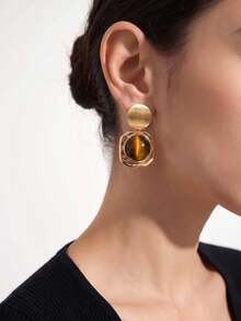 1 Pair Exquisite Vintage Tiger Eye Stone Brushed Gold Round Disc Pendant Earrings For Women, Daily Commute, Party, Ball - Earring - View 4