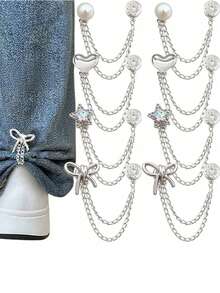 8/12pcs Multi-Functional Clothing Clips, Metal Star Pearl Heart Bow Shirt Hem Clips, Cute Decorative Long Jeans Leg Cuff Chain Clips, Clothing Accessories - Clothing Pins - View 1