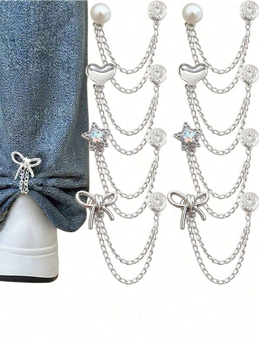 8/12pcs Multi-Functional Clothing Clips, Metal Star Pearl Heart Bow Shirt Hem Clips, Cute Decorative Long Jeans Leg Cuff Chain Clips, Clothing Accessories - Clothing Pins - View 1