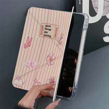 1pc Pink Striped Cute Rabbit Butterfly Flower Bow Heart Sticker Y-Fold Tablet Protective Case, With Pen Slot And Auto Sleep/Wake Function, Compatible With IPad PRO/AIR, Pad 5/6/38, Pad, MatePad, Honor Pad - Multicolor - View 5