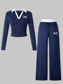 Girls' Bow Print Contrast Color Ruffle Collar T-Shirt And Wide Leg Pants Casual Outfit - Blue - View 2