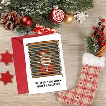 OBOVAY 1 Greeting Card + 1 Envelope Funny Christmas Greeting Card, Santa Peeking Through Blinds "He Sees You When You Are Sleeping", Perfect For Friends, Winter Holiday Minimalist Cartoon Style Greeting Card. - View 4