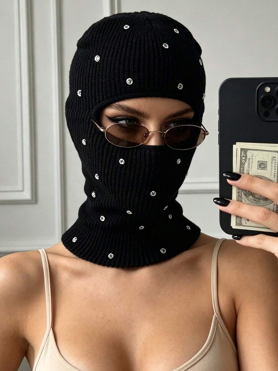 OBOVAY 1pc Women's Y2K Rhinestone Balaclava Hat, Unisex One-Hole Knitted Head Cover, Fashion Face Mask Hat, Suitable For Daily Street Party - Single-hole White Diamond - View 1