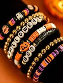 7pcs/Set European & American Style Halloween Pumpkin Soft Clay Bracelet, Punk Gothic Stackable Letter Jewelry, Kids - Style 1 - View 3